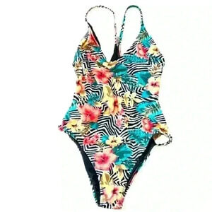 REVAMPED FLORAL GREEN YELLOW ONE PIECE CRISS  CROSS OPEN SIDES SWIMSUIT SIZE M